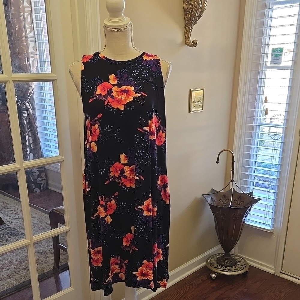 LuLaRoe Charlotte black coral purple sleeveless sheath dress stretch Large New